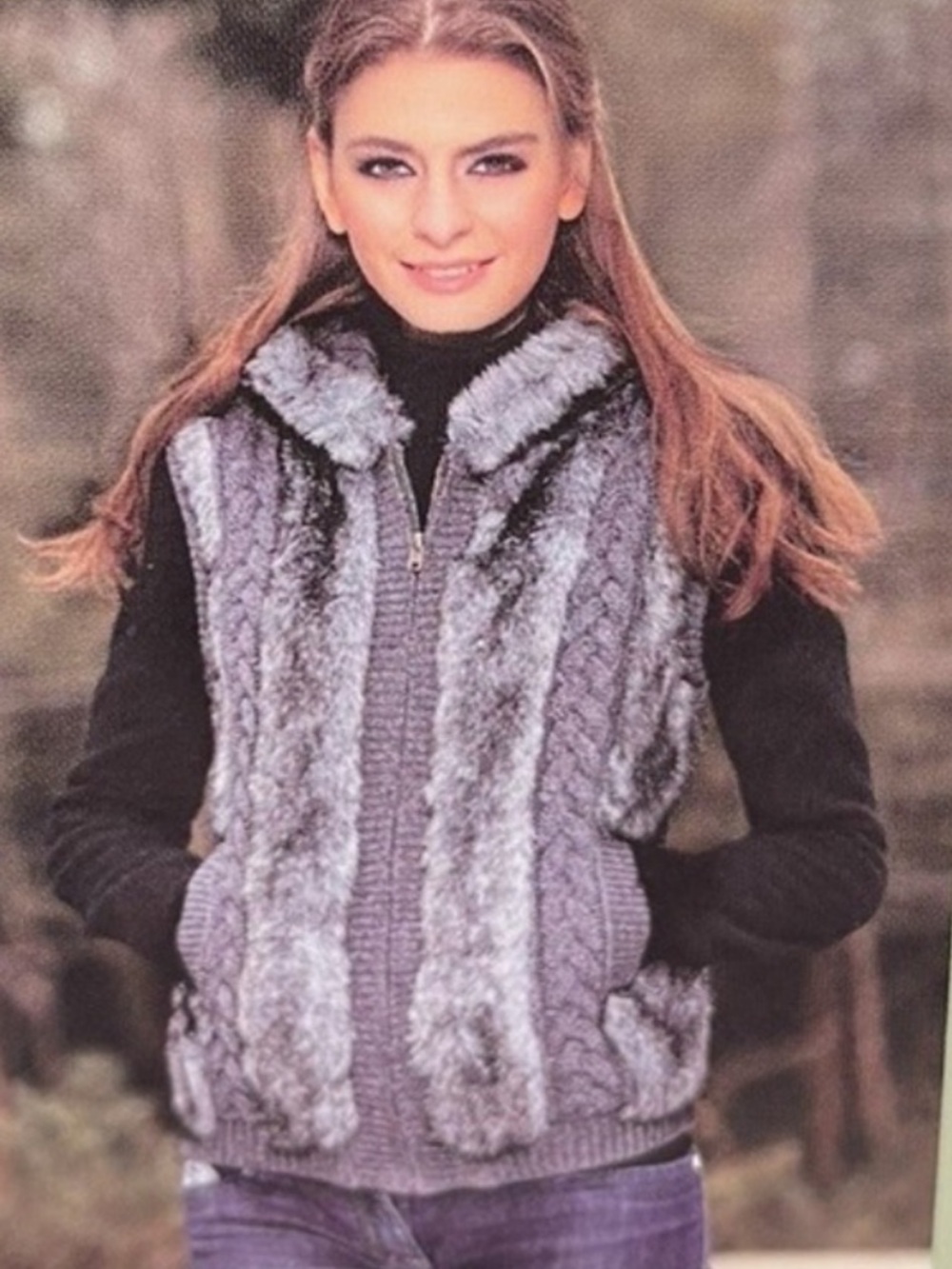 Gray Faux Fur Vest Fake Raised Chinchilla Knit High Collar Plush Animal Top 14